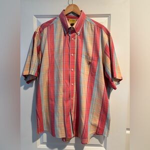 Duck Head Men’s Short Sleeve Button Down Plaid Shirt XL Coral Peach Blue